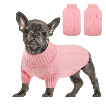 Queenmore Small Dog Pullover Sweater, Cold Weather Cable Knitwear, Classic Turtleneck Thick Warm Clothes for Chihuahua, Bulldog, Dachshund, Pug, Yorkie (Pink, Small)