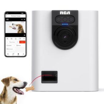 RCA Dog & Cat Smart Camera Treat Dispenser, WiFi-Enabled, 1080p HD Camera, Two-Way Audio, App Control, Compatible with Alexa & Google Assistant – for Small Treats & Kibble