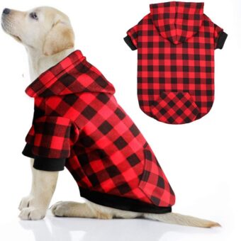 Red Plaid Dog Hoodie Sweater for Dogs Pet Clothes with Hat and Pocket（XL）