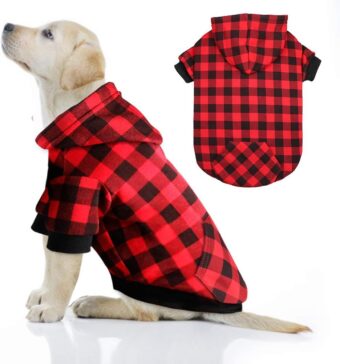 Red Plaid Dog Hoodie Sweater for Dogs Pet Clothes with Hat and Pocket（XL）