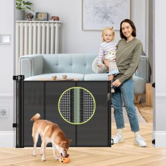 Reinforced 55" Wide Retractable Baby Gates with Reinforced Strips Retractable Dog Gate for The House Prevents Bottom Drilling Through Baby and Pet Retractable Baby Gate...