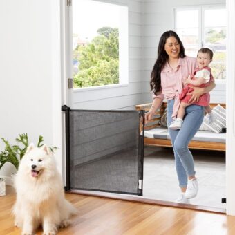 Retractable Baby Gate Perma Child Safety 33" Tall x 71” Wide, Mesh, for Stairs, Doorways, Dogs, Pets, Indoor, Outdoor, One-Handed Operation, Locking, Easy Install, Hardware...