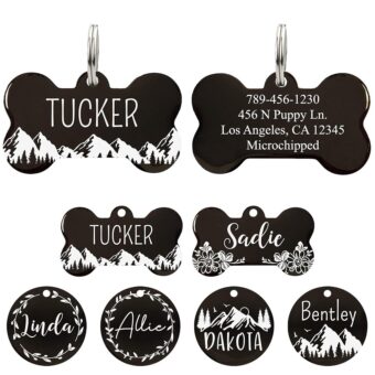 Ultra Joys Stainless Steel Pet ID Tag Dog Name Tags Personalized Front and Back Engraving, Customized Cat Tags, Optional Engraved on Both Sides, Bone Tag with Mountain Design,...