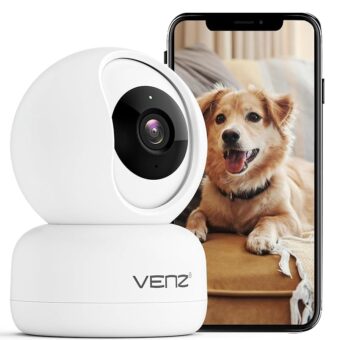 VENZ Indoor Security Camera, 1080p Pet Camera with Phone App, Ideal Indoor Camera for Baby Monitor/Dog Camera, 360° Pan/Tilt View Angel with 2 Way Audio, Cloud/SD Card, 2.4Ghz...