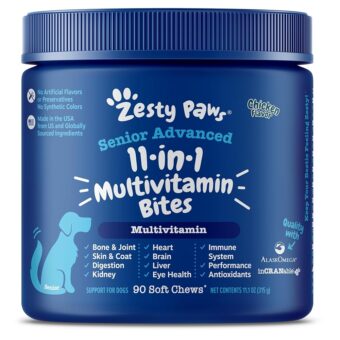 Zesty Paws Senior Dog Multivitamin Treats - Glucosamine for Dogs + Digestive Enzymes & Probiotics - Grain Free Dog Vitamins for Skin & Coat + Immune Health Chicken - Advanced -...
